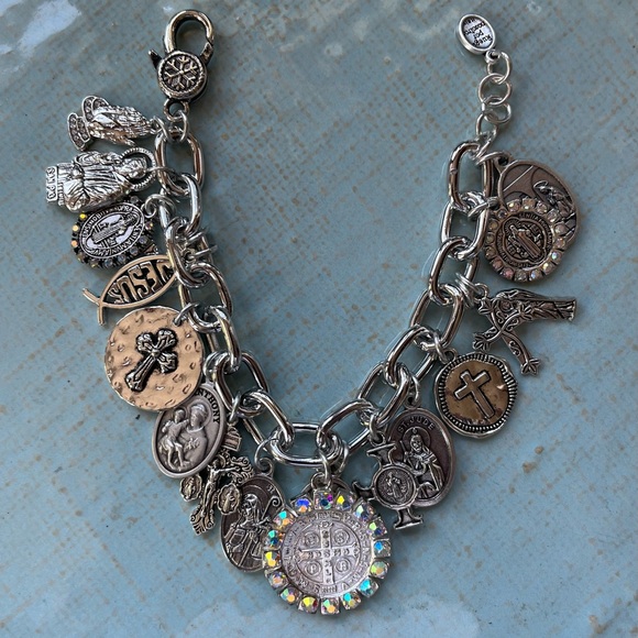 Charm Bracelet St Benedict, Saints & Crosses Silver Tone Catholic Charm Bracelet - Picture 12 of 12